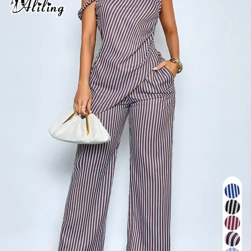 Women's Casual Two Piece Woven Pants Set Summer Short Sleeve Asymmetrical Top and High Waist Trousers