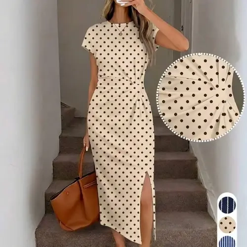 Women's Twist Waist Bodycon Dress, Round Neck Short Sleeve Side Slit Midi Dress, Elegant Casual Lightweight Office Wear for Summer Elegance