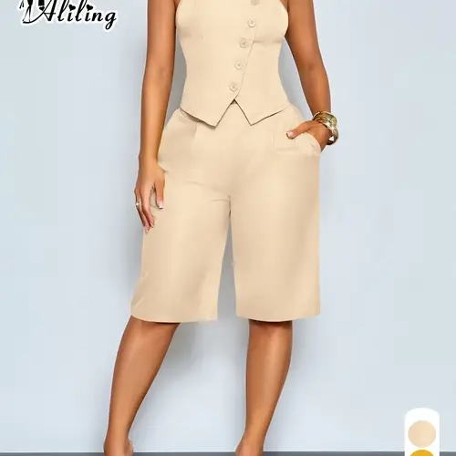 Aliling Women's Solid Color Top and Long Pants Set, Bustier Fitted Top with and Nine-Inch Pants, Casual Elegant Style, Suitable for Commuting, Summer