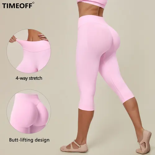 TIMEOFF Women's High Waist High Hip Cut Capri Leggings - 4-Way Stretch, Butt-Lifted, Seamless Breathable Polyamide Blend, Tummy Control, Non-Slip Elastic Waistband, No Ride-Up Slim-Fitting Workout Gear | Ideal for Yoga, All Seasons, From Gym to Errands, P