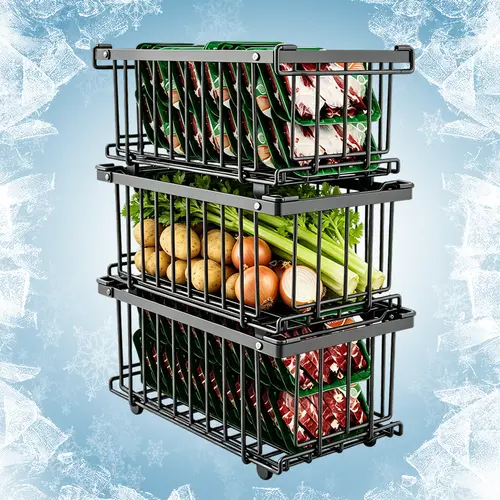 Stackable Metal Wire Baskets for Fridge Organization | Carbon Steel Kitchen Countertop Storage Bins | Food & Produce Organizer for Pantry, Freezer & Cabinet