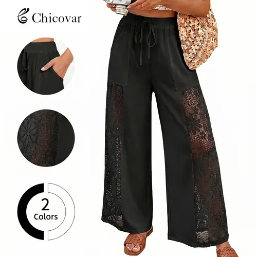 Chicovar Women's Boho Lace Splicing Wide Leg Pants, High-Waisted Stretchy Drawstring Design, Lightweight, Flowy, Trousers with Pockets & Casual, Daily, Beach Vacation, Sohochic