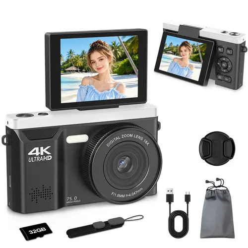 WIKICO 4K Digital Camera for Photography, 75MP Vlogging Camera with 18X Digital Zoom, 2.8-Inch 180° Flip Screen, LED Light & 32GB Micro SD Card, Portable Travel Camera for Beginners & Teens