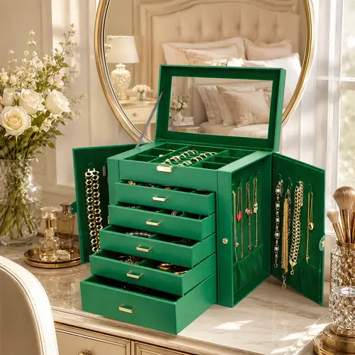BOOVO  Jewelry Box For women, 6 Layer Large Jewelry Organizer With Mirror, Multi-Function Storage Box With Lock, Necklace Holder With 5 Drawers Minimalist Jewelry Storage Case with Double Side Doors, Gift for Women Earring Box(Green and Gold)