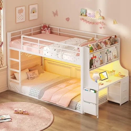 ADORNEVE Low Bunk Bed Twin Size with Desk, Bookshelf & 3 Storage Drawers, Metal Floor Bunk Bed Twin Over Twin with RGB Lights & Charging Station, Safety Guardrail & Ladder, Small Space Sturdy Bed Frame Bed Frame Combo