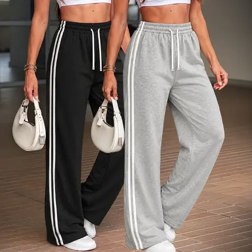 Women's 2-Piece Set Comfy High-Waisted Baggy Polyester Sweatpants - Athleisure Style with Side Stripe, Drawstring for Casual Street Wear, Comfy Pants, Baggy Sweatpants,sohochic