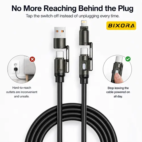 Basemo 4-in-1 Smart Charging Cable - 3m, 240W Fast Charging, Bendable Fireproof Silicone TPE, Overcharge Protection, USB-C/USB-A/Lightning Port, for Mobile Phones, Tablets, Durable Custom Mobile Accessory, Free Leather Storage Pouch (Device Organizer)