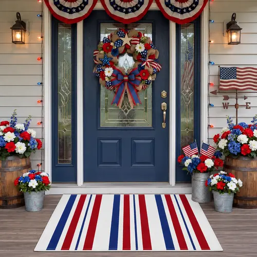 1Pc National Day Entry Rug, Entrance Mat, Stylish Floor Rug, Red White Blue Striped Pattern, Summer Patio Ornament, Rustic Outdoor Porch Doormat, Festive House Accent
