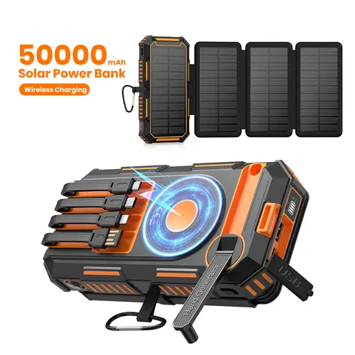 FEELLE Plastic Solar Power Bank - 50000mAh Wireless Portable Charger for Phones, Built-in 4 Cables & Hand Crank, PD QC 3.0 Fast Charging USB-C Mobile Accessories Battery Pack with Flashlight for Camping,back to school,back to school haul,sohochic