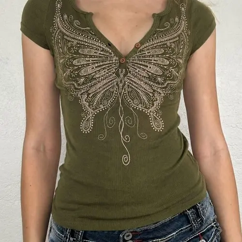 Vintage Print V-Neck Button Crop Top for Women, Y2K Grunge Harajuku Style, Short Sleeve Casual Tee for Spring & Summer