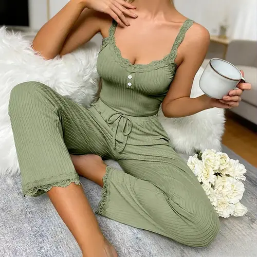 Women's 2-Piece Clothes Set - Sleeveless Lace Trim Camisole Top & Long Pants Basic Pajama Set Loungewear Nightwear, Two Piece Sets, 2 Pcs Set,clothes for back to school,first day of school outfits,sohochic