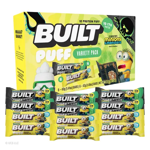 Official BUILT Bar, Minions & Monsters Puff Protein Bar Variety Pack, Banana & Mystery Flavor, 16g-17g Protein, 140-150 Calories, Collagen, Soft, Marshmallow-y Texture, 12 Count Box