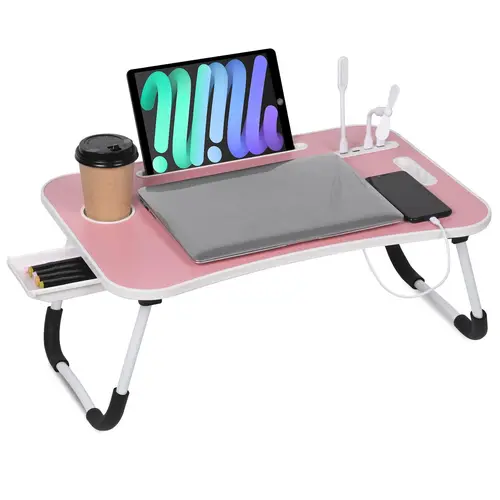 Richland Laptop Bed Desk, Portable Foldable Laptop Table for Laptop & Writing, 23 inch Bed Lap Desk Tray Table with 4 USB Ports, Storage Drawer and Cup Holder, for Working Writing Drawing & Eating