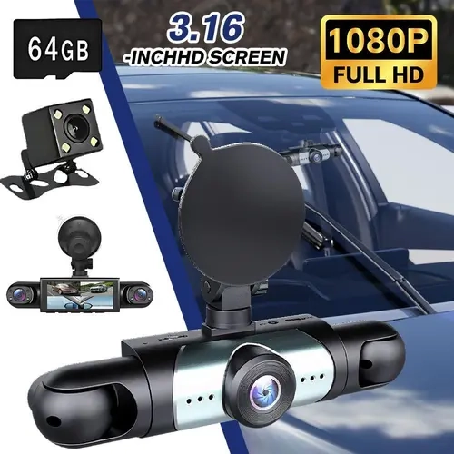 【ToolUpgrade】  Front Rear Dashcam with 3.16in IPS Screen, 4-Channel, 1080P Triple Lens HD Car Camera, 170° Wide Angle, Parking Monitor, G-Sensor, Night Vision, 64GB Micro SD Card (64GB Storage), USB Type-C Full Set - Ideal Back-to-School Gift