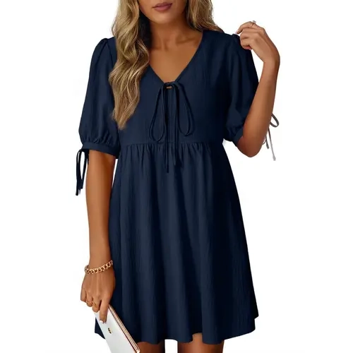 Dokotoo Summer Dresses for Women 2026 Casual V Neck Bow Tie Short Sleeve Empire Waist A-Line Mini Dress
