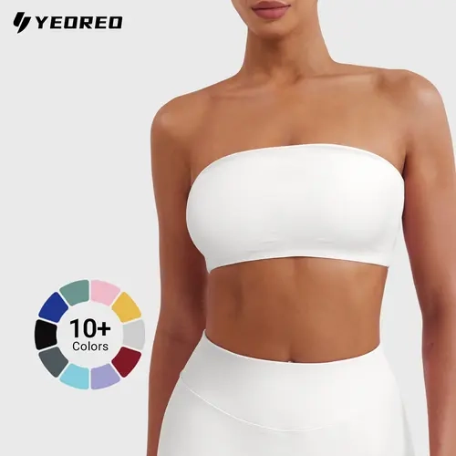 YEOREO Women's Strapless Sports Bra - Seamed/Seamless Twill Padded Wireless Ribbed Tube Top, Silicone Grip Edge, Breathable Synthetics, High Elasticity, Ribbed Texture Upperburst, Running Sporty Workout Bra for Gym Fitness