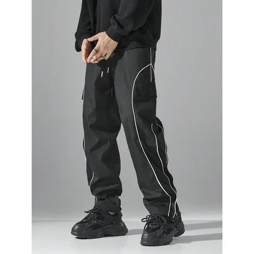 Men's Cargo Jogger Pants - Streetwear Style with Contrast Stitching, Elastic Mid-Waist, Full Length, Relaxed Fit, Breathable Stretchy Fabric, Multi-Pocket, Athletic Joggers