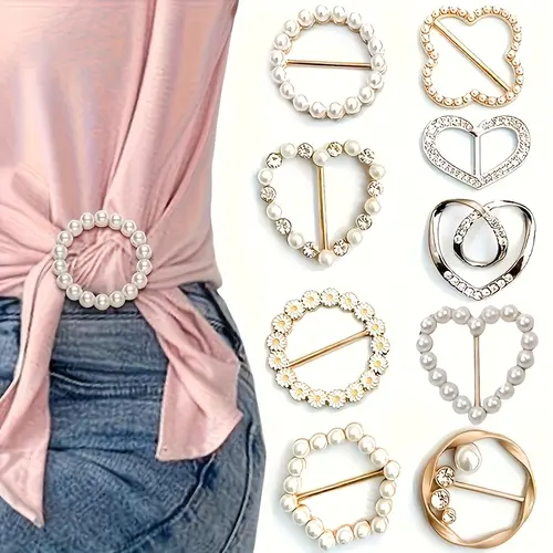 Women's 8pcs Alloy Decor Pins Set - Female Multi-Shape Rhinestone Geometric Hollow Brooch, Plain Easy Fabric Clip, Scarf Ring, Shirt Tie Clip, Waist Buckle for Party, Fast Outfit Enhancement
