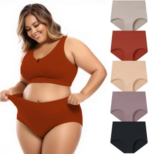 Women's High Waisted Tummy Control Underwear, Plus-Size Cotton Slimmer Shaping Briefs, Basic Solid Color Panties