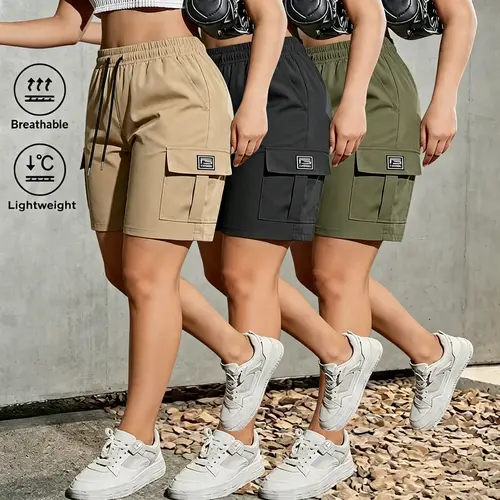 Women’s 3-Pack Outdoor Cargo Shorts, Clothes for Women, Sportswear, Sporty Chic Style, Breathable Quick-Dry Polyester Fiber Fabric, Adjustable Waist with Drawstring, Utility Pocket Shorts, Knee Length, Casual Bottoms for Hiking/Camping