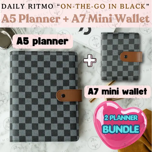 DAILY RITMO "On-the-Go in BLACK" Women's Bundle - Refillable 6-Ring A5 Productivity Planner, A7 Mini Wallet Binder, PU Leather Cover Feels Premium Daily, Aesthetic Office Supplies, Notebooks