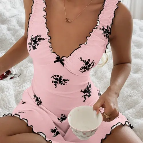 Women's Floral Print Nightdress, V Neck Design, Sleeveless, Ruffle Decoration, Bow Detail, Comfortable Lightweight Sleepwear, Elegant Nightwear, Elegant Bedroom Style, Loungewear, Printed Nightgown