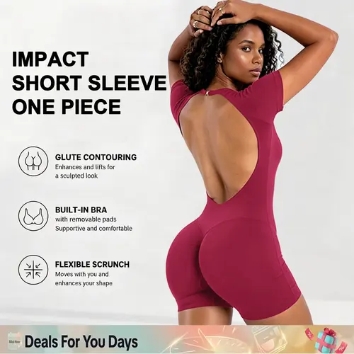 [SIZE UP 1] DEEFY Impact Short Sleeve One Piece Women Soft Padded Bralette Tummy Control Butt Lifting Gym Workout Yoga One Piece Activewear Bodysuits [STRONG COMPRESSED] #BackToSchool