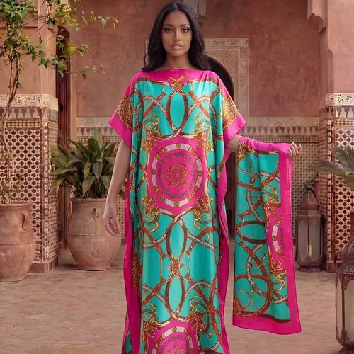 Elegant Dopamine Color Set, Boho Summer Chain Print Muumuu Long Dress Robe, Women's Sun Protection Satin Scarf Shawl