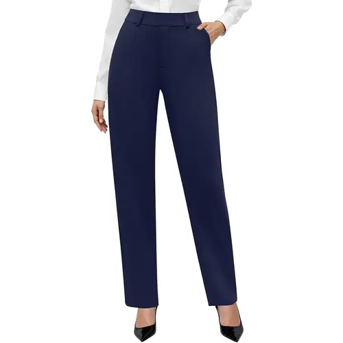 DLOODA Women's Solid Loose-Fit Business Casual Pants, High Waisted Stretchy Pull-On Slacks with Slant Pockets for All Seasons, Work Pants, Pants For Women