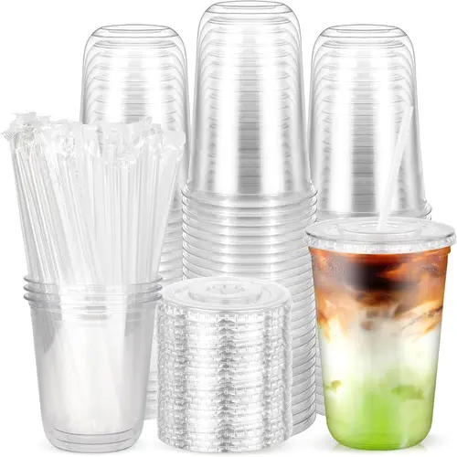 50PCS 16 oz BPA-Free Disposable Plastic Drink Cups Pack with Flat Leak-Proof Lids, Transparent Straws, Round Bottom - Disposable Drinkware for To-Go Iced Coffee, Smoothies,sohochic
