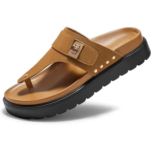 Coutgo Womens Platform Thong Sandals T-Strap Slip On Slides Summer Flats Beach Flip Flops