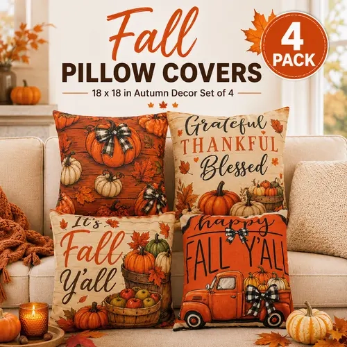 18x18 in Breathable Linen Couch Cushion Covers (Set of 4) - Durable, Fade-Resistant, Stain-Resistant, Heartwarming Message Print Pumpkin Motifs, Easy to Put On and Take Off, Fall Home Décor, Soft Cushion Covers