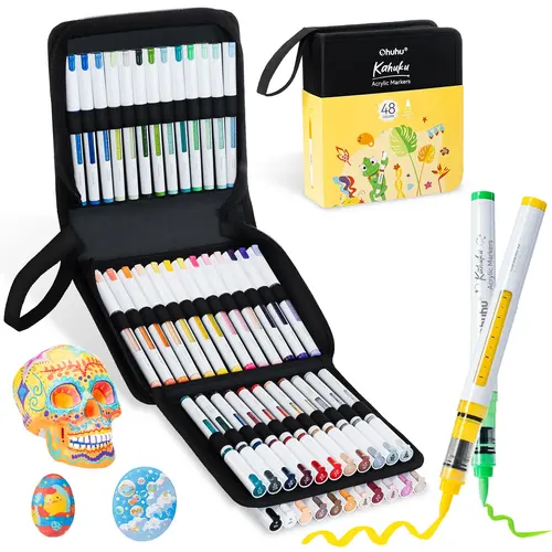 Ohuhu Acrylic Paint Markers: Brush Tip - 48 Colors / 72 Colors / 120 Colors - Automatic Ink Control Acrylic Markers High Opacity Paint Pens Water-Resistant Lightfast for Rock Painting 3D Prints Easter Egg Wood DIY Crafts - Kahuku Series of Ohuhu