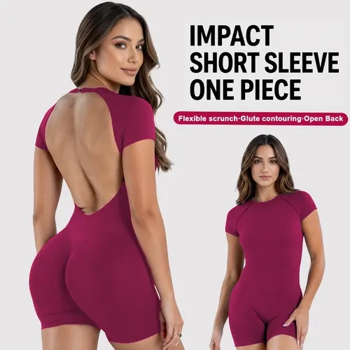 [SIZE UP 1] DEEFY Impact Short Sleeve One Piece Bodysuit Tummy Control Butt Lifting Sporty Comfy Tight Fitting Training Yoga Waist Control Jumpsuit Workout Unitard, Yoga Jumpsuits #BackToSchool