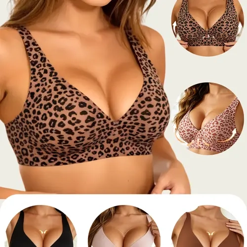 5 Pcs Women's Jelly Wirefree Bralette Set - Seamless Tshirt Bras, Full Coverage, Push Up, Comfortable Everyday Summer Wear, Leopard Brown, 5-Color Options, Wirefree Bra