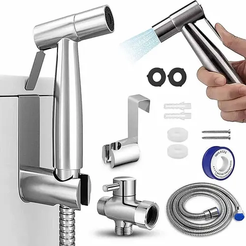 Bathroom Bidet Sprayer Kit, Handheld Stainless Steel Cylinder with Brass Body, 1x T-Valve, Adjustable Water Pressure, Spray Hoses for Toilet Wash, Easy Installation, Baby Care Use