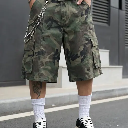 Men's Washed Camo Cargo Shorts, Camouflage Vintage American Streetwear, American Style Shorts, Loose-Fit Wide-Leg Knee-Length Shorts, Distressed Multi-Pocket, Summer Casual