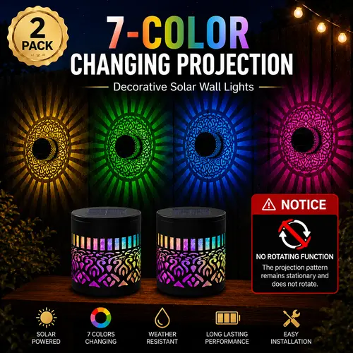 7-Tone Variable Solar Mandala Projection Wall Lamp, No Rotation Function, Rustproof Metal Fence Light for Outdoor Lawn, Garden, Pillar, Veranda & Backyard Decor