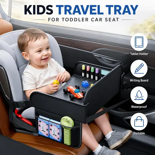 Kids Travel Tray for Toddler Car Seat, Road Trip Activities for Kids with iPad iPhone Holder Stand, Foldable Waterproof Playing Writing Board, Portable Lap Tray Road Trip Essentials Accessories for Kids Age 2+