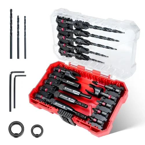 EZARC 14PCS Self Centering Drill Bit Set - 1/4" Hex Shank Drill Bits Sets with Replacements, Screwdriver Heads, Holder, Storage Box for Cabinet Hinges, Woodworking toolupgrade