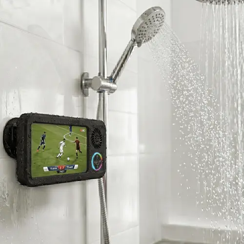 Waterproof Bathroom Shower Smartphone Holder with Wireless Bluetooth Speaker - 360° Rotation, Touchscreen Access, Suction Cup Mount, Adjustable Secure Grip, Landscape View, Phone Protection Accessories for Streaming