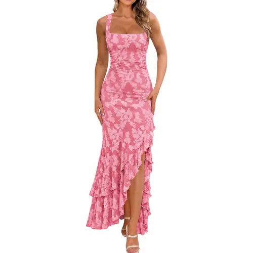 BORIFLORS Women's Chic Floral Embroidery Mermaid Maxi Dress - Sexy Square Neck Ruched Bodycon Gown for Wedding Guest, Formal Party, Birthday Outfits - Clothes, Wedding Guest Dresses, Gowns,sohochic