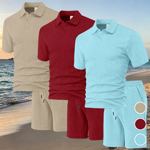 Men's 2-Piece Matching Polo & Shorts Set - Menswear Sportswear, Classic Polyester, Upgraded Anti-Snag Textured Jacquard Knit, Stretch Short-Sleeve, Breathable Fabric, Subtle Embossed Texture Feels Refined for Vacation & Daily Wear,sohochic