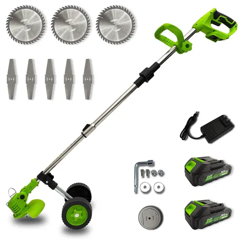 JQX 21V Cordless Weed Wacker with Wheels, 3-in-1 Electric String Trimmer-Grass Edger-Steel Blade Garden Tool, 6 Inches, Lightweight with Batteries, Adjustable Handle for Garden Maintenance