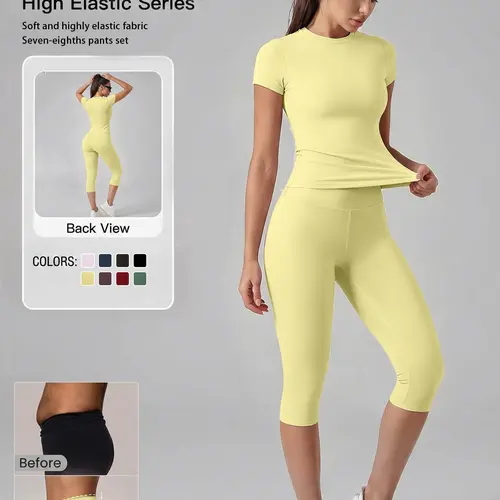Women's 2-Piece Plain Suit, Sporty High-Waist Short Sleeve Top & Seven-Quarter Pants, Quick-Dry Yoga Fitness Set, All Seasons Comfortable Wear