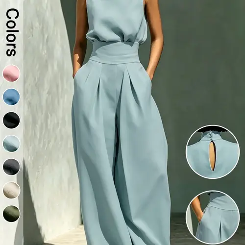 Women's High-Neck Sleeveless Top and High-Waist Wide-Leg Pants Two-Piece Set, Elegant Chic Formal Outfit for Fashionable Ladies, Clothes