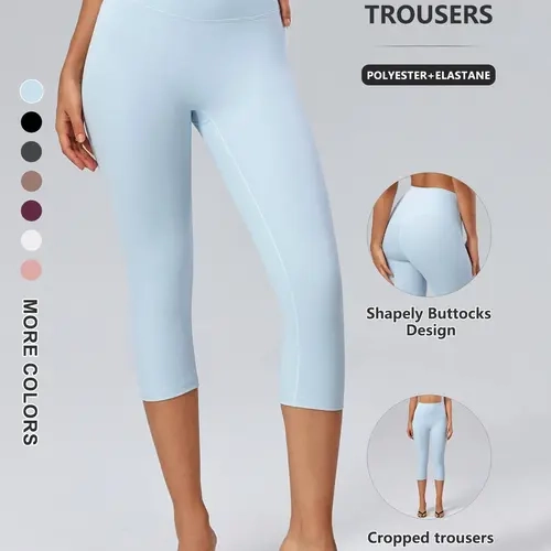 Women's Breathable Quick Dry Yoga Capri Pants, Casual Fitness Pants, Plain Outdoor Gym Workout Pants, Polyester + Spandex, All Seasons, Natural Waist, Short Length, Breathable Athletic Bottoms, Knitted Sports Pants, Sporty Tight Pants