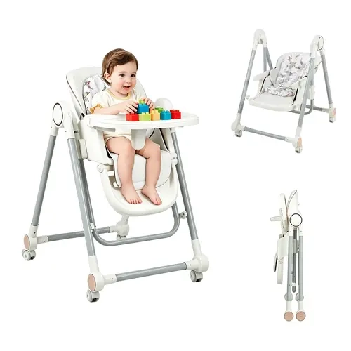 Adjustable Baby High Chair with Swing Function, Foldable High Chair for Babies Toddlers, Removable Double-Layer Tray, 8 Heights & 6 Recline Positions, Easy Clean PU Cushion, Portable High Chair for Eating & Playing, Convertible High Chair, Highchairs For