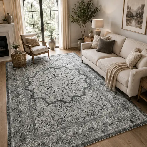 YIHOUSE Washable Neutral Vintage Boho Mandala Rug - Non-Slip, Stain-Resistant, Soft, Ethnic Floral Distressed Luxury for Living Room, Bedroom (Bohemian, Ethnic-Inspired, Floral Art Rugs), Rugs For Bedroom, Living Room Rugs