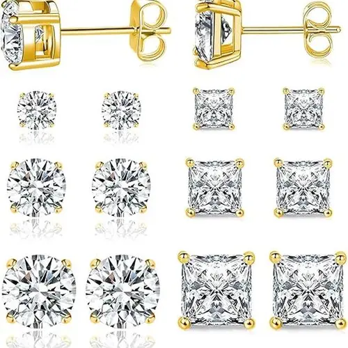 GEMESME 18 Karat White/Yellow Gold Multi-Size Studs Set (5/6 Pairs, 0.1-0.25CT, 3-8mm), Hypoallergenic Round&Princess CZ Gold Earrings, Men's Earrings Gift for Women, Everyday,sohochic